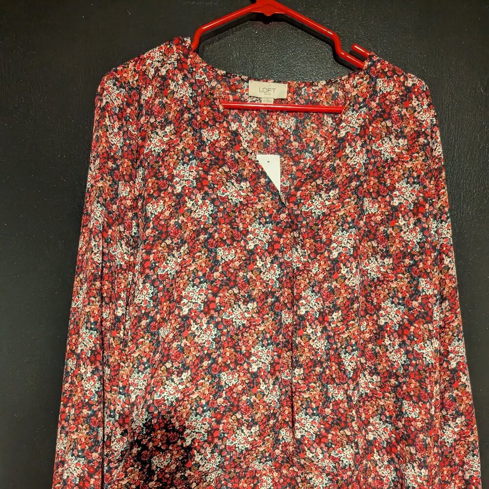 NWT Loft | Red, black, and pink flowered, long-sleeved blouse, size M